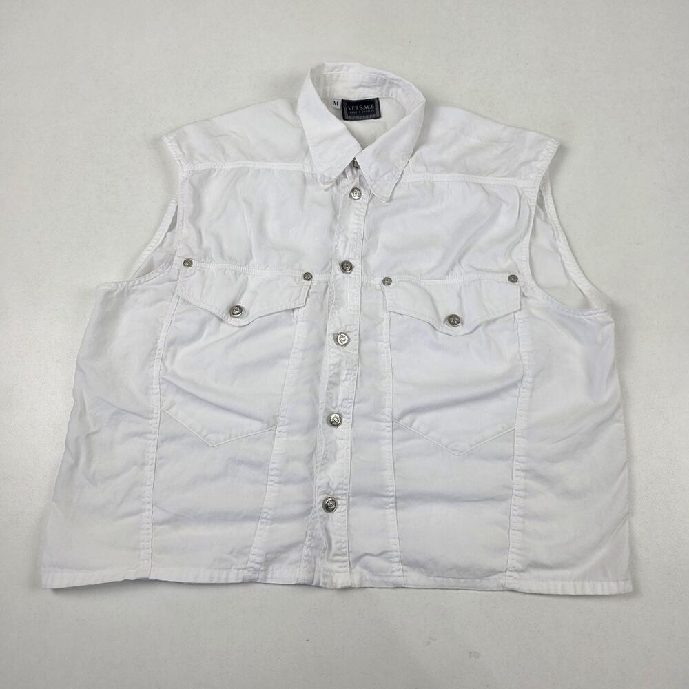 Versace Jeans Signature Vest‎ Womens Medium White Denim Silver Medusa Buttons